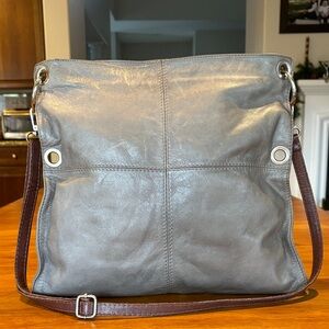 Lavorazione Artigianale Italian Leather Square Hobo Ash Gray Leather Cognac Trim